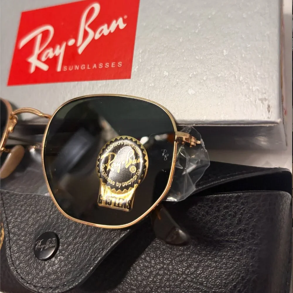 Ray-Ban Hexagonal Sunglasses Green Lenses Gold Metal Frame Adjustable Nosepads - Picture 5 of 13